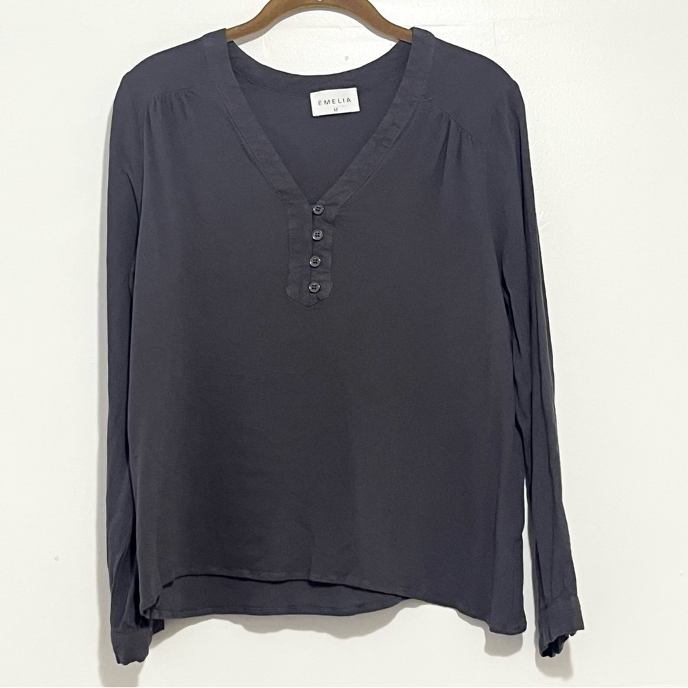 EMELIA Women V-Neck Henley Blouse 100% Rayon Heather Gray Long Sleeve Medium